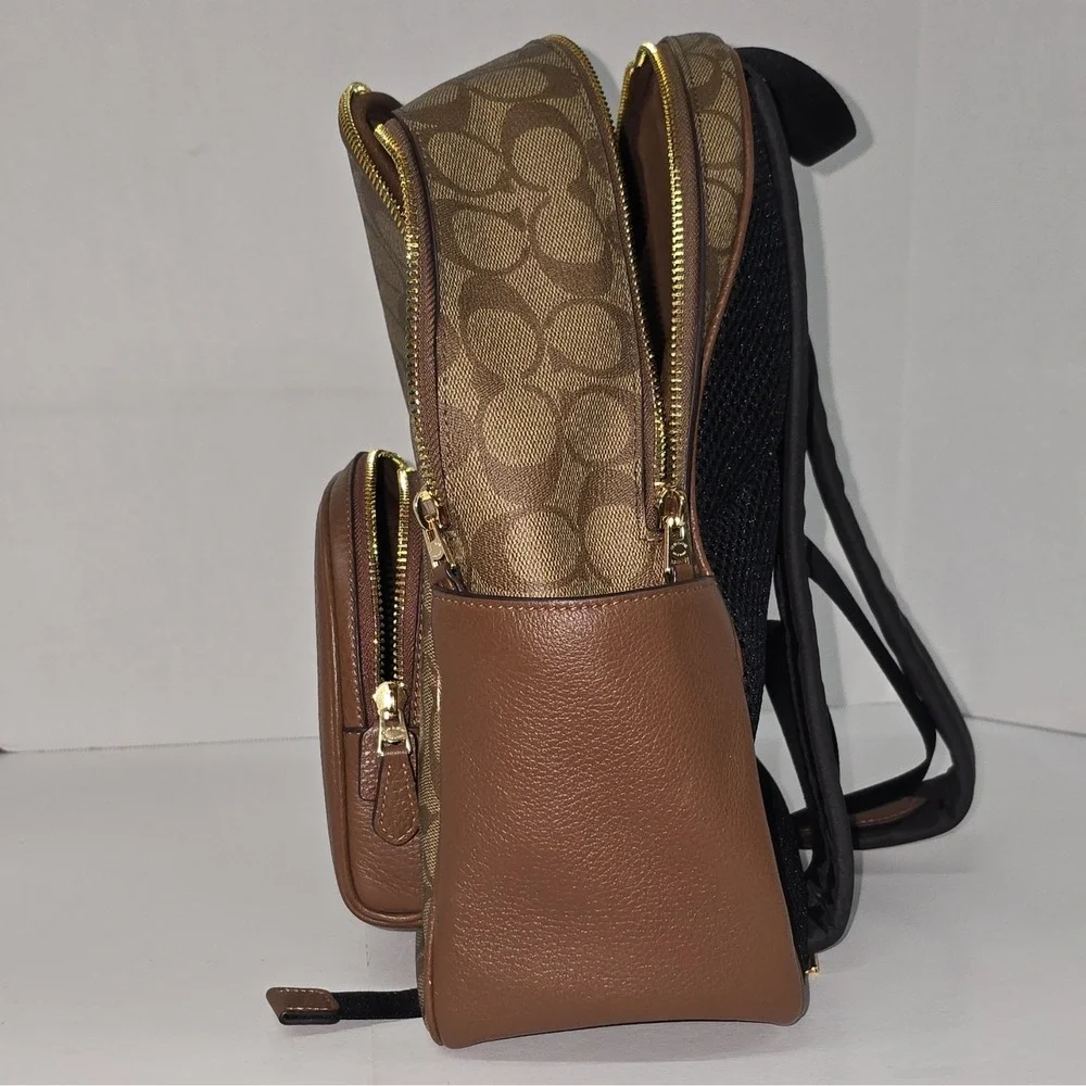 Coach Signature Backpack Brown Tan Gold Hardware Zip Closure Front Zip Pocket